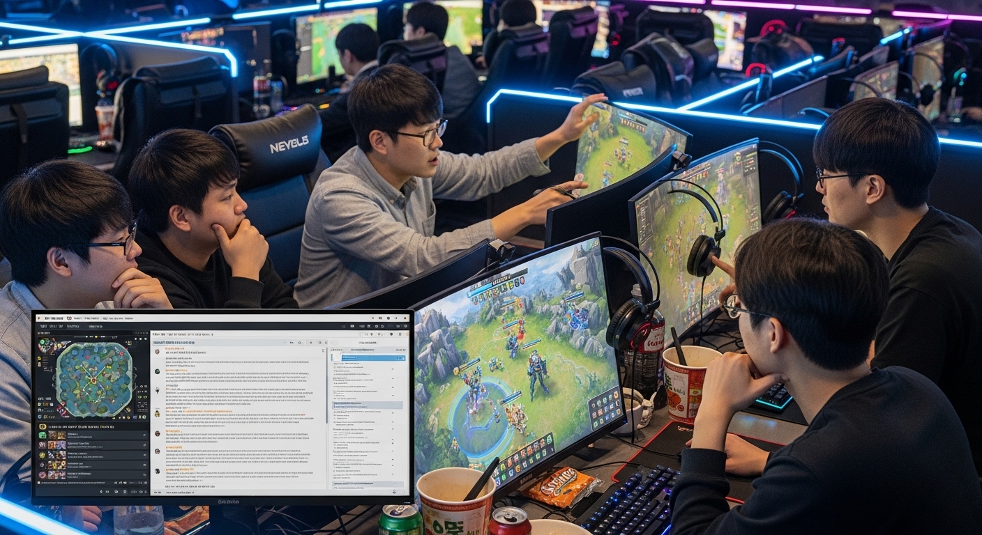 PC방에서 최신 게임 업데이트를 논의하는 게이머들