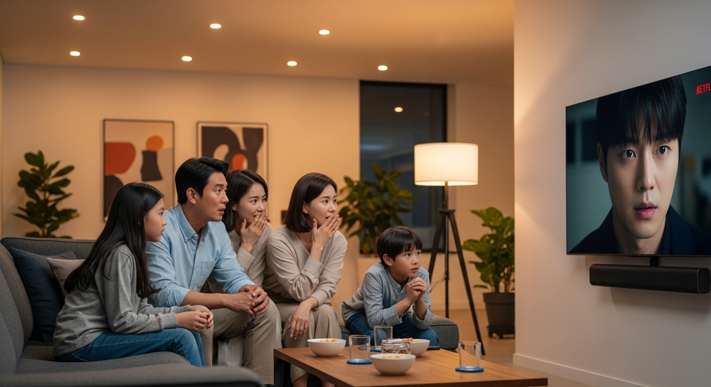 현대적인 거실에서 큰 화면의 TV로 한국 드라마를 보고 있는 사람들