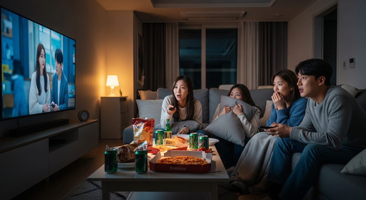 늦은 밤 방 안에서 몰입하여 드라마를 정주행하는 모습