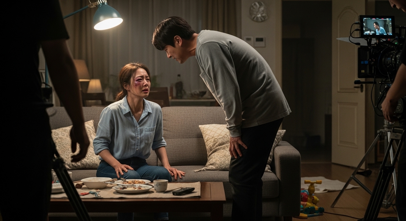 가정폭력 문제를 다루며 감정적인 연기를 선보이는 배우들의 장면