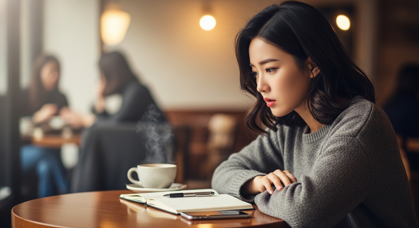 카페에서 깊은 생각에 잠긴 젊은 여성
