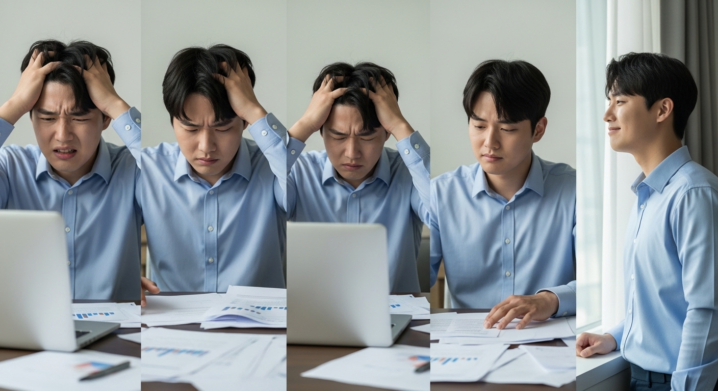 감정 변화를 겪는 젊은 남성의 표정 변화 시리즈