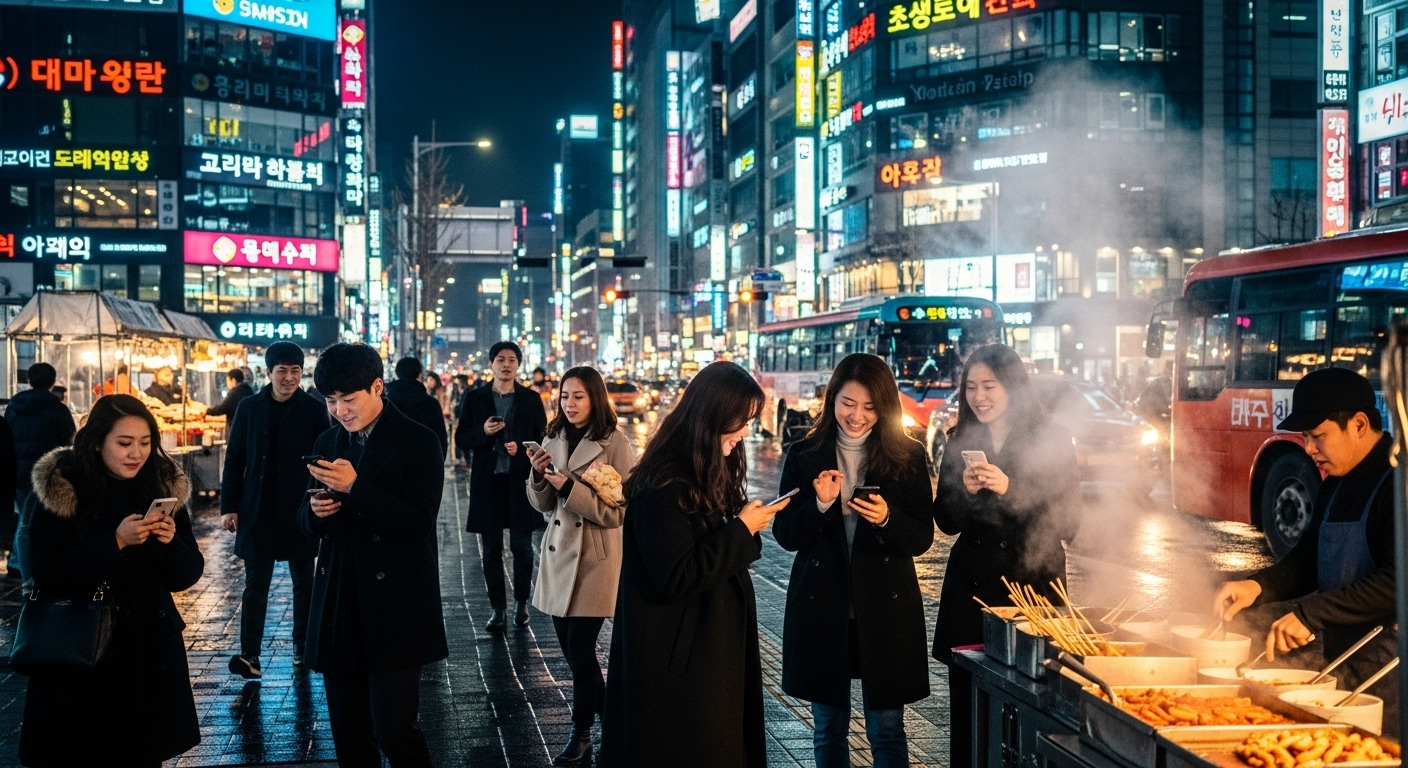 밤거리에서 스마트폰을 사용하는 젊은이들의 모습