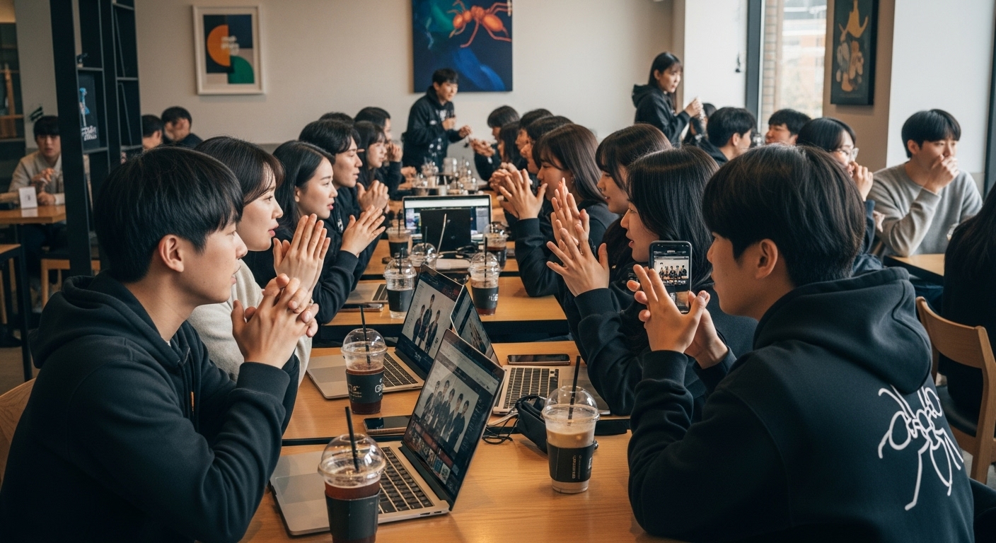 현대적인 카페에서 열정적으로 '나혼자만 레벨업' 새 시즌에 대해 토론하는 팬들