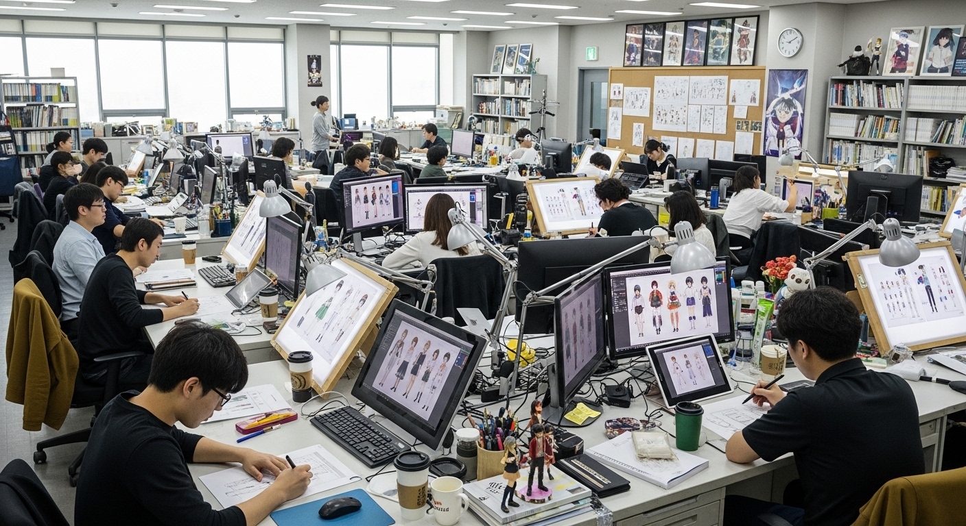 고품질의 캐릭터 디자인과 스토리보드 작업에 몰두하는 한국 애니메이션 스튜디오