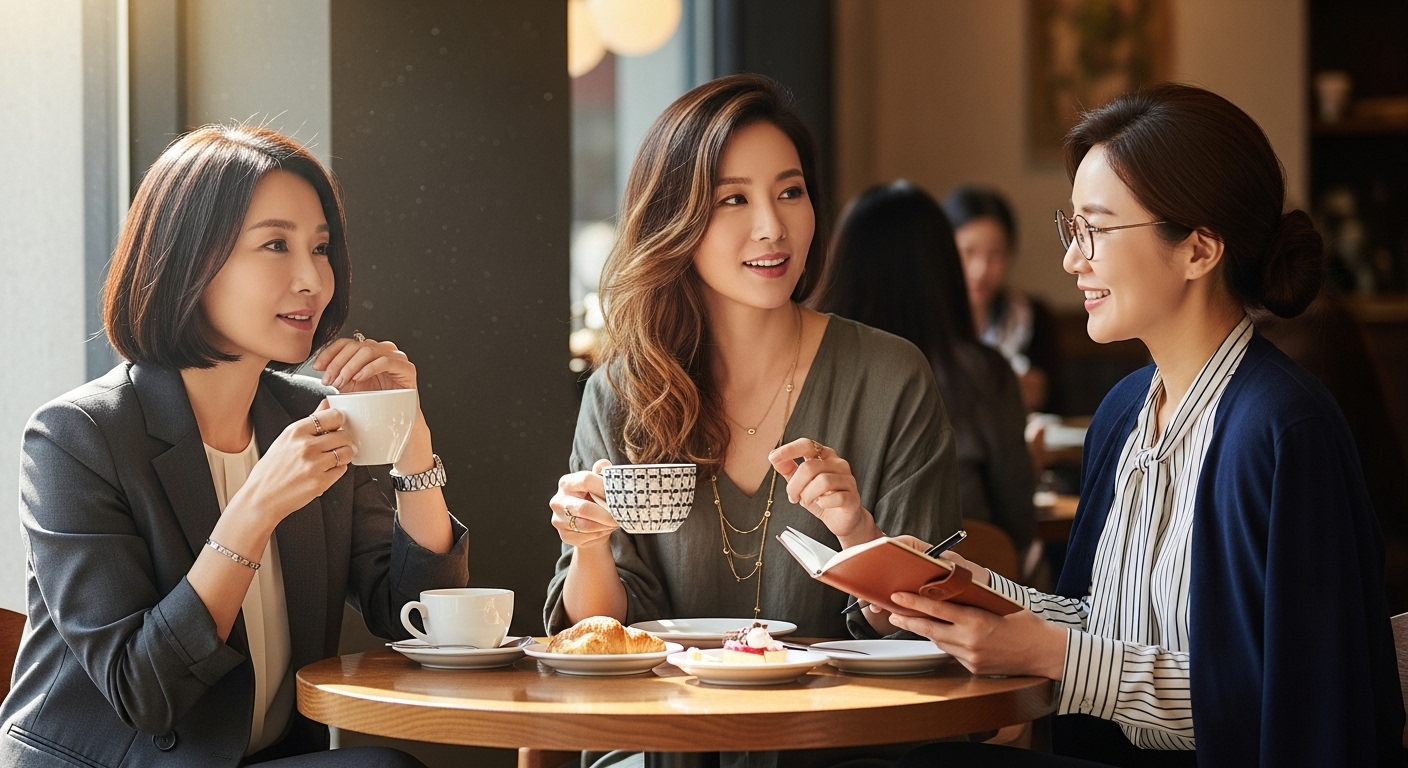 각기 다른 삶의 궤적을 그리는 40대 여성 친구들이 카페에서 진솔한 대화를 나누는 모습