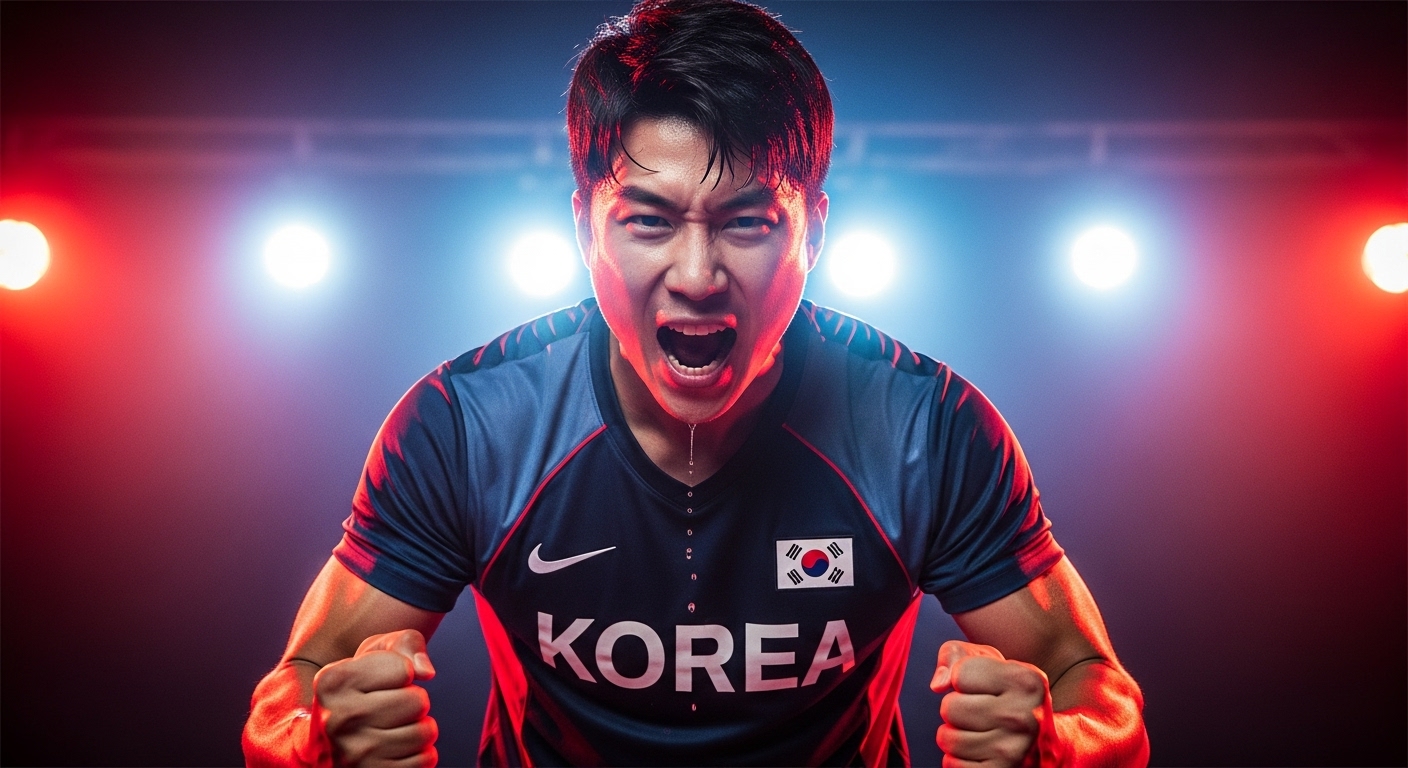 라이브 방송 이벤트 중 카메라 앞에서 감정을 표현하는 한국 운동선수 모습
