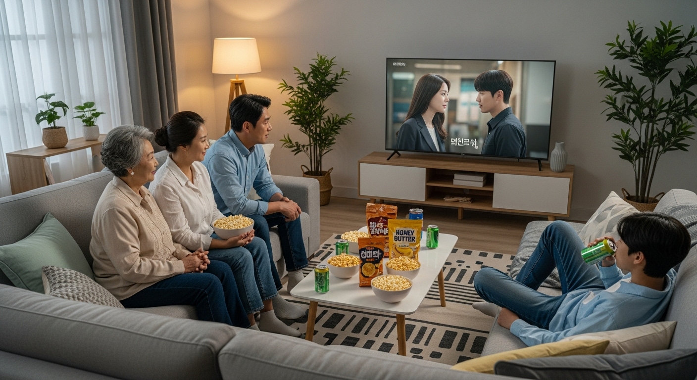 편안한 거실에서 현대식 TV로 드라마를 시청하는 관객들