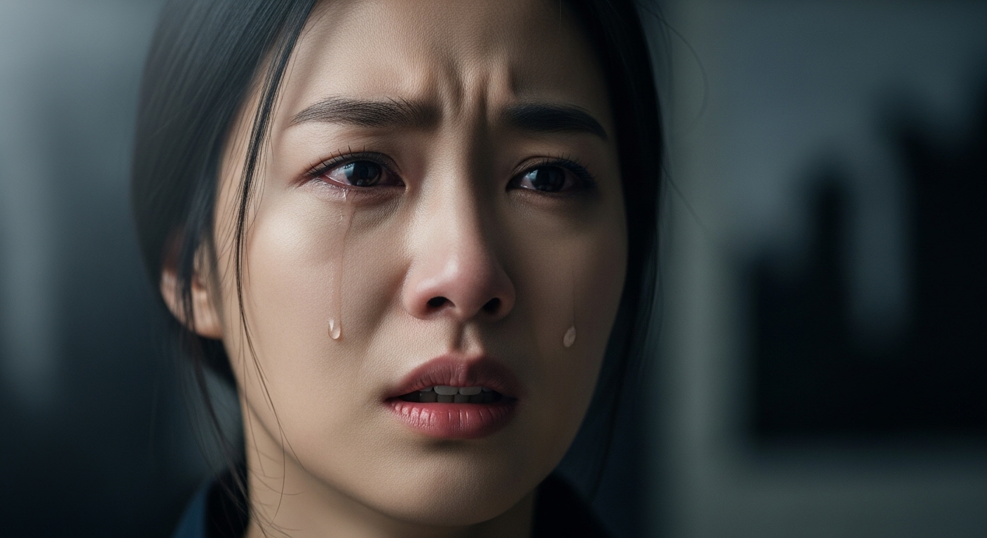 감정 갈등을 표현하는 한국 여배우의 클로즈업 장면