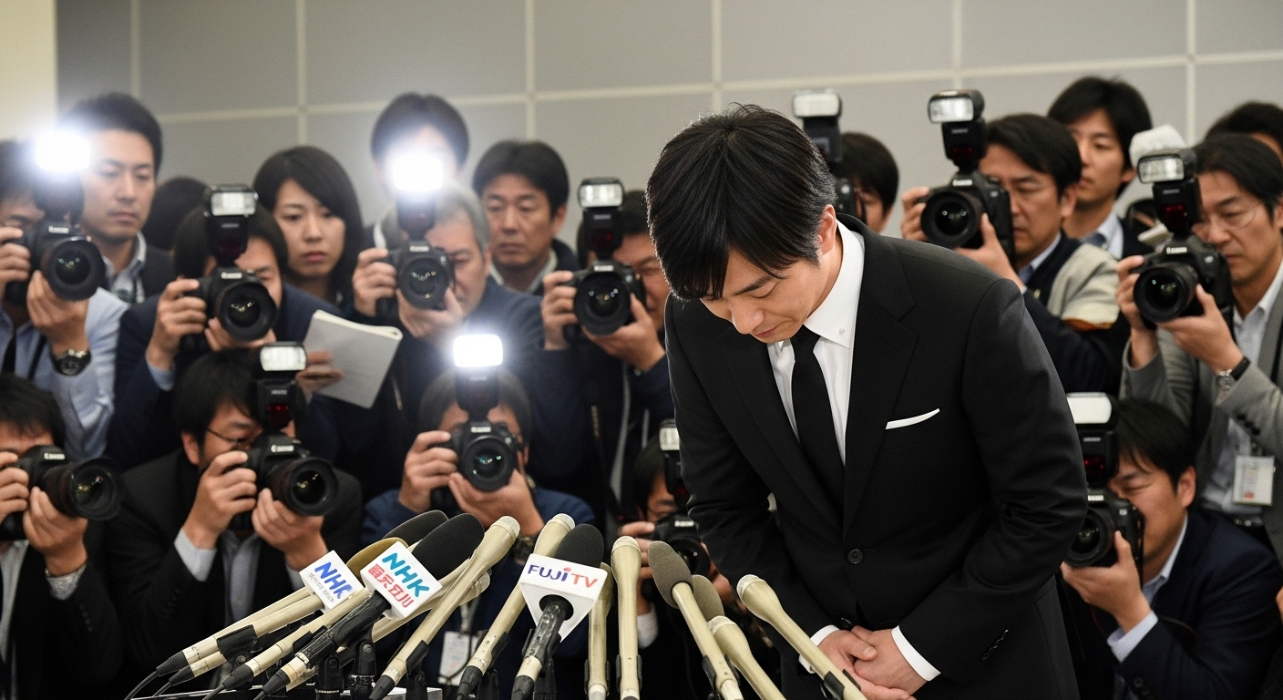 기자들 앞에서 대중에게 사과하는 일본 연예인의 엄숙한 장면