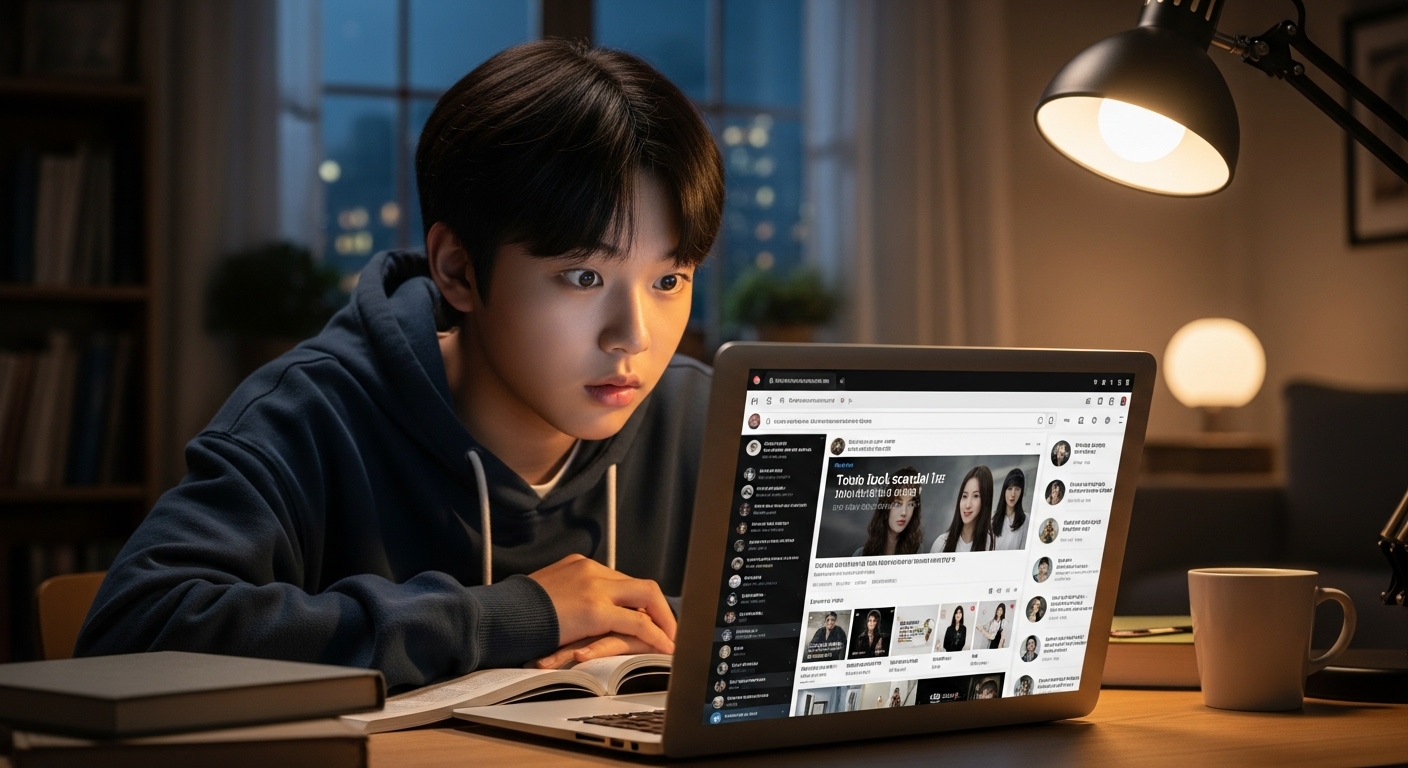10대 청소년이 노트북으로 아이돌 관련 소문을 보고 있는 장면