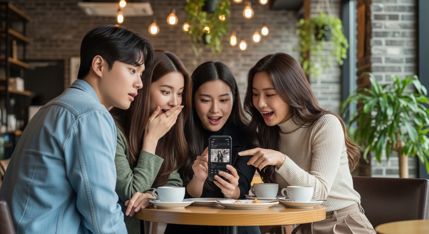 카페에서 스마트폰으로 틱톡을 보며 소문을 나누고 있는 젊은 사람들