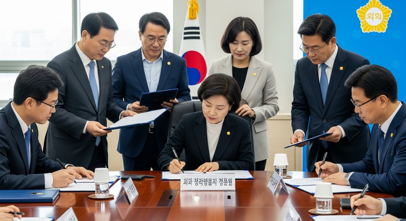 회의실에서 가정폭력 관련 법안 서명 중인 한국 국회의원들
