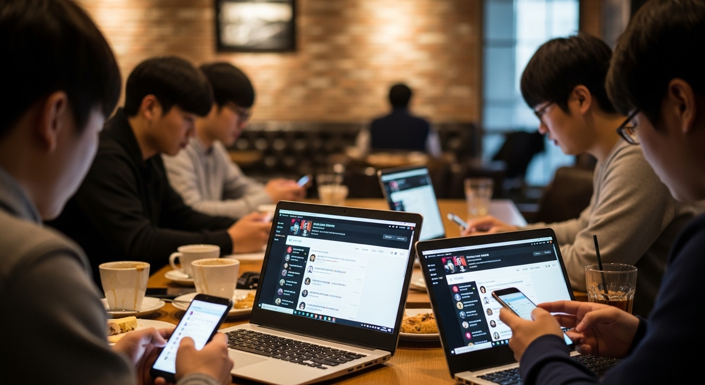 카페에서 노트북과 스마트폰을 사용하여 온라인 게이머 커뮤니티 포럼에 참여하는 장면