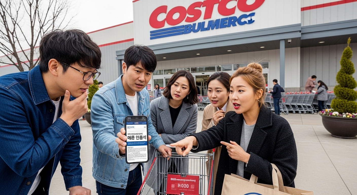 코스트코 앞에서 멤버십 관련 소식을 공유하는 친구들