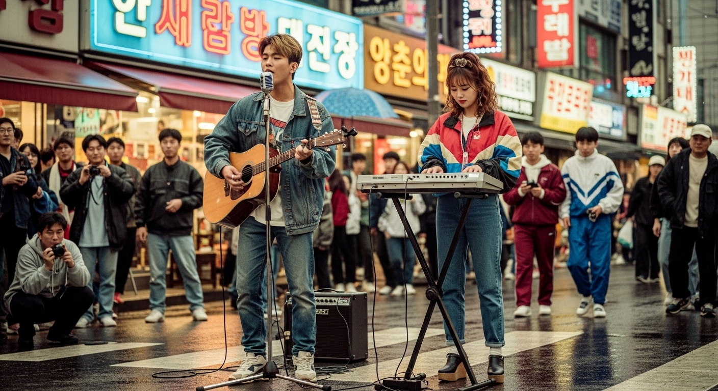1990년대 신촌 거리에서 연주하는 두 젊은 음악가의 모습