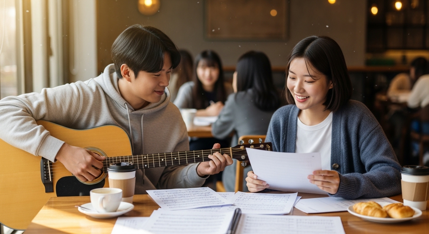 대학 캠퍼스 카페에서 기타와 악보를 앞에 두고 음악에 대해 이야기하는 두 학생