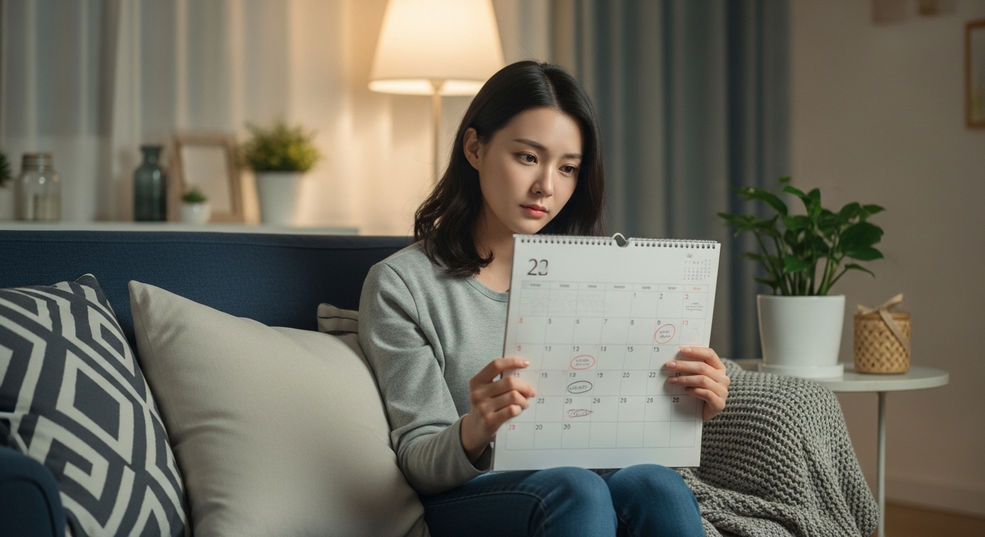 젊은 여성이 소파에 앉아 달력을 들고 생각에 잠긴 모습