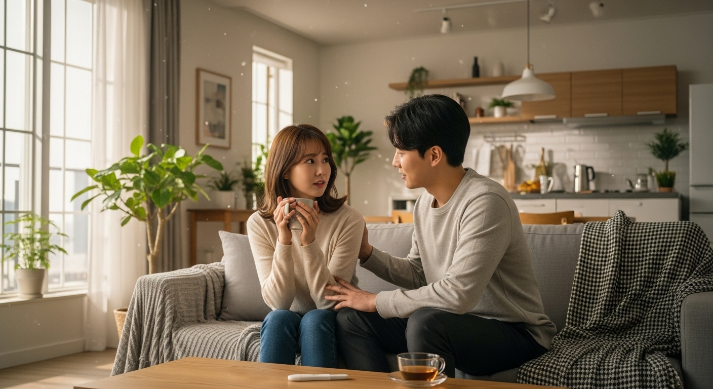 현대적인 아파트에서 초기 임신 징후를 논의하는 커플