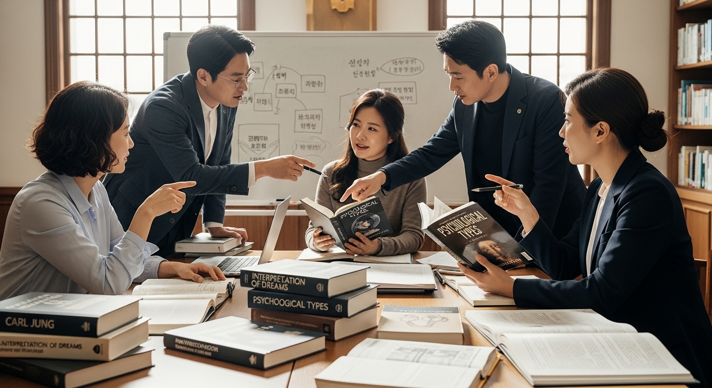 프로이트와 융의 이론에 대해 토론하는 학자들