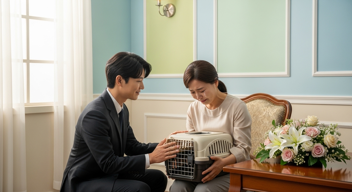 반려동물 장례지도사가 슬픔에 잠긴 보호자를 위로하는 모습