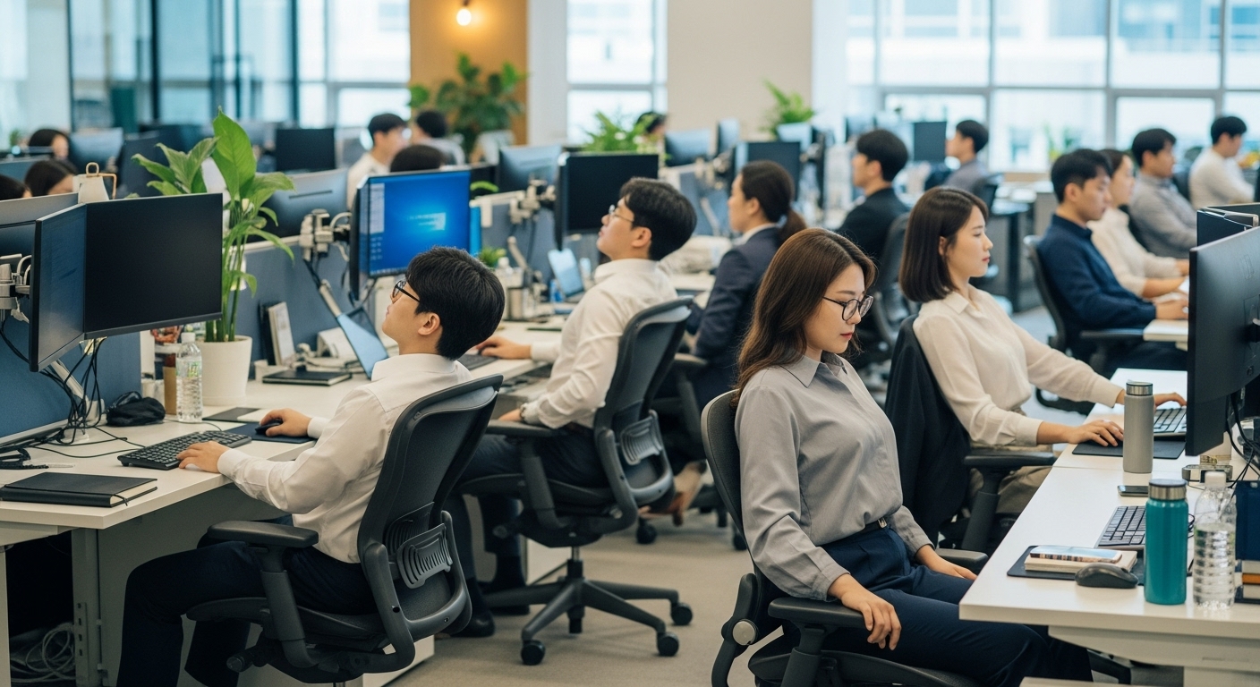 인체공학적 의자와 눈높이에 맞춘 모니터 앞에서 자세를 조정하는 한국 사무직원들