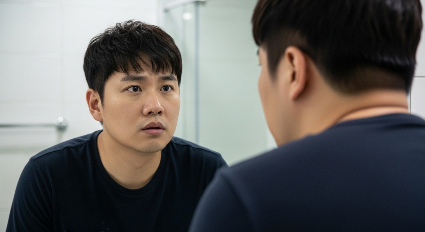 목과 어깨 사이에 버섯목 증후군이 보이는 한국 남성이 거울을 보며 걱정하는 모습