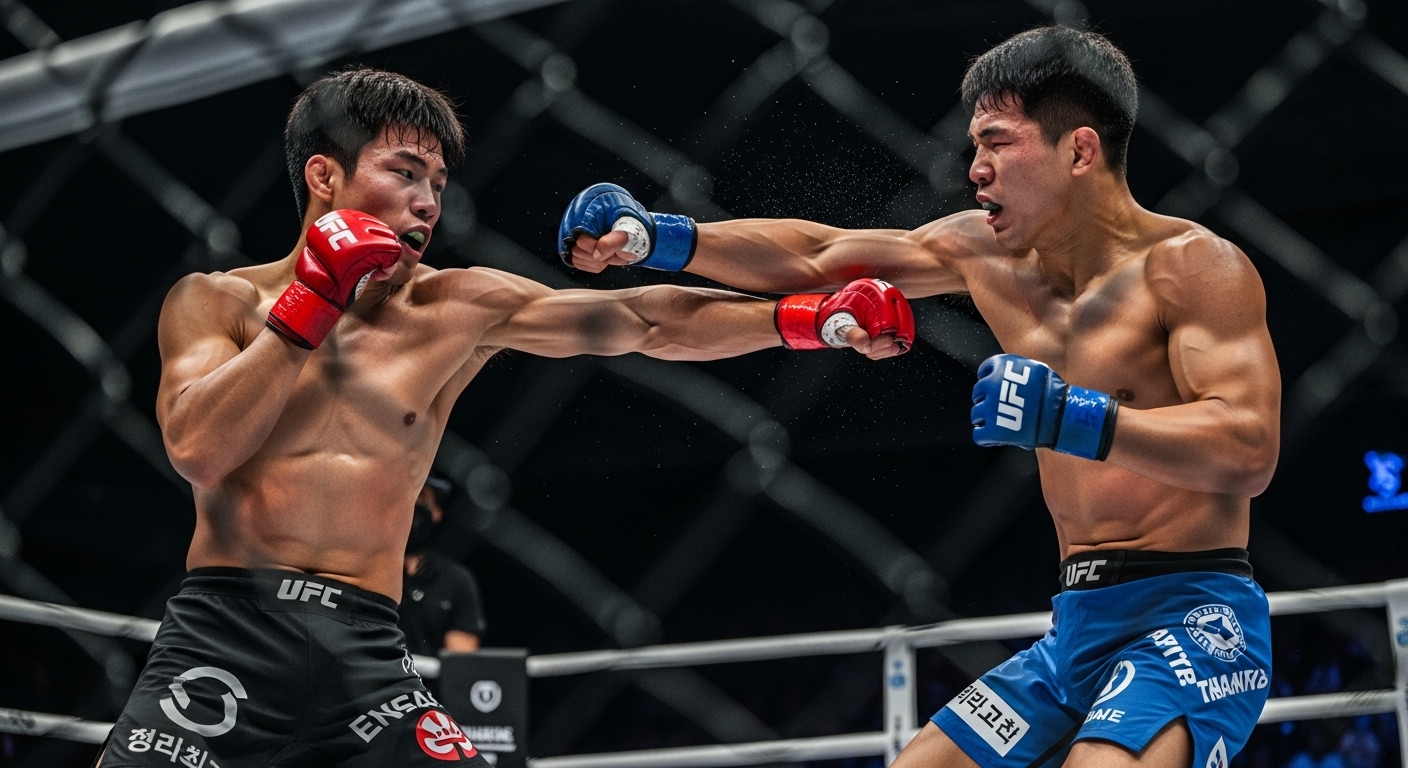 MMA 선수들이 옥타곤 링에서 격렬한 경기를 벌이는 모습