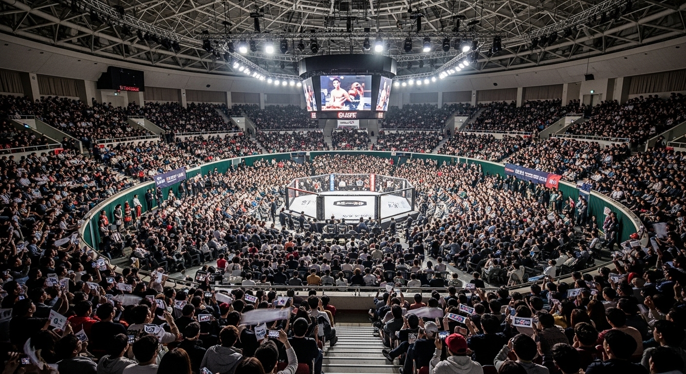 고려대학교 화정체육관에서 열리는 국제적인 MMA 대회 관중석 모습