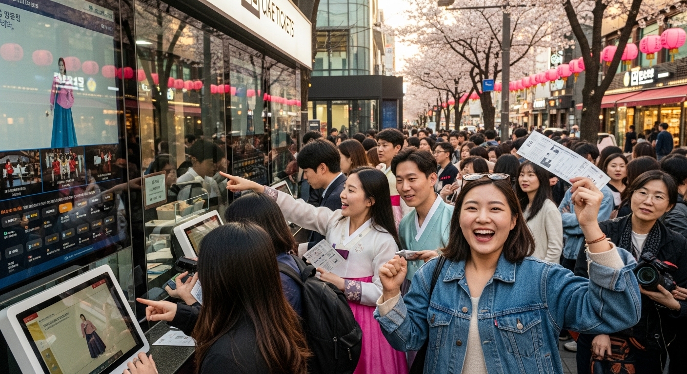인터랙티브 극장 공연 티켓을 예약하기 위해 티켓 부스에 모인 열정적인 사람들