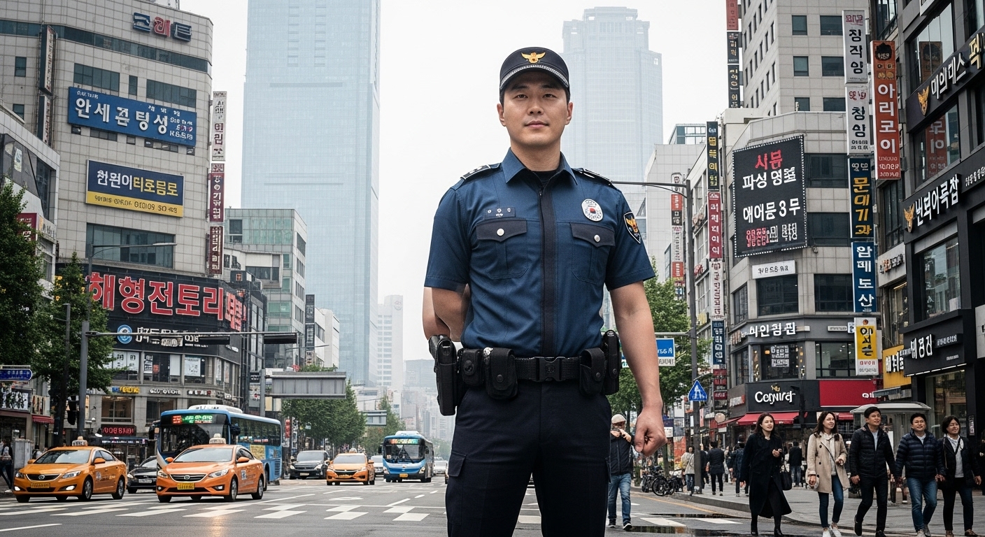 서울 거리에서 현대적이고 바쁜 도시 생활 속에 서 있는 경찰관
