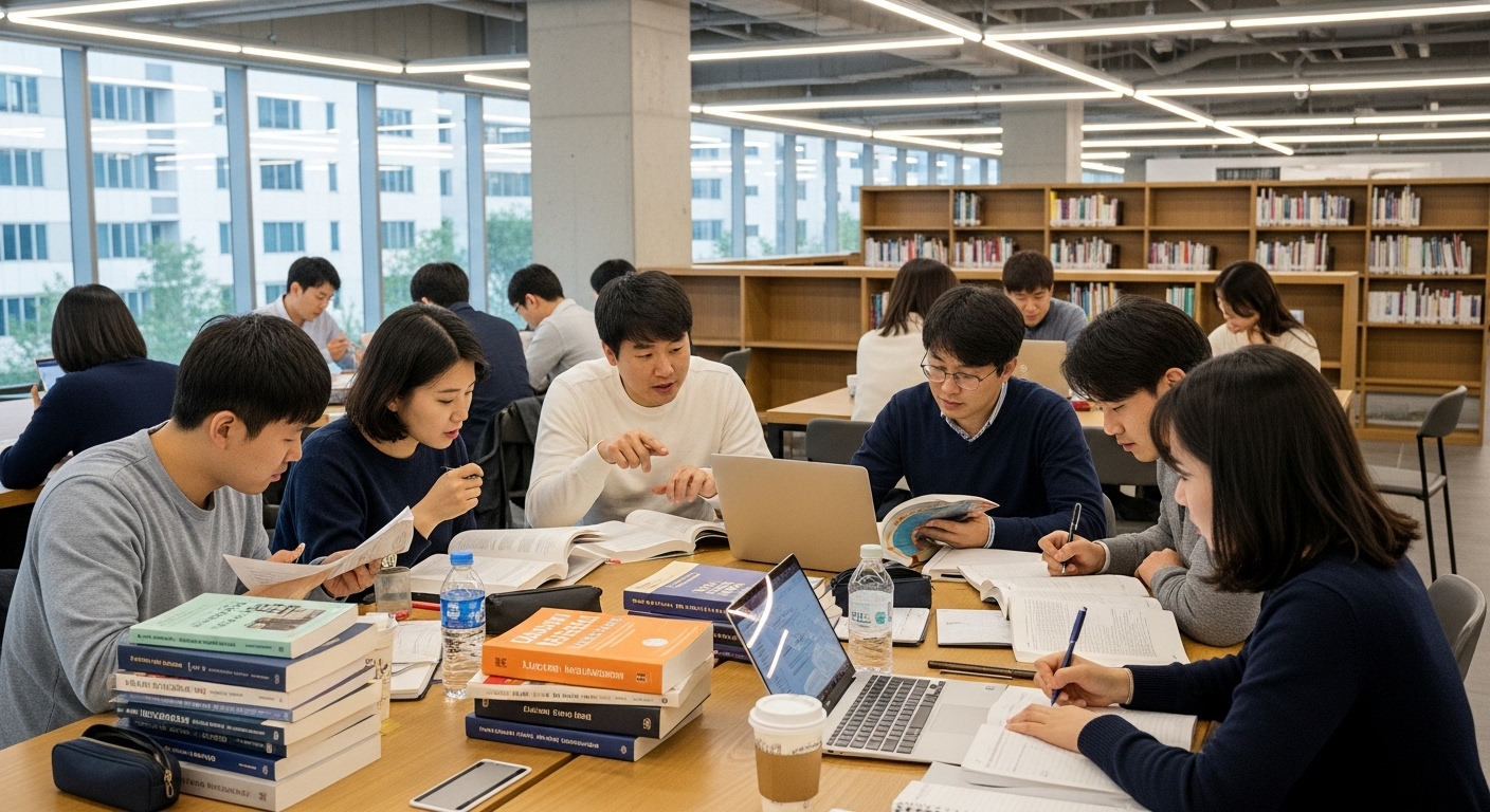 도서관에서 다양한 사람들이 손해평가사 시험 공부 중인 장면