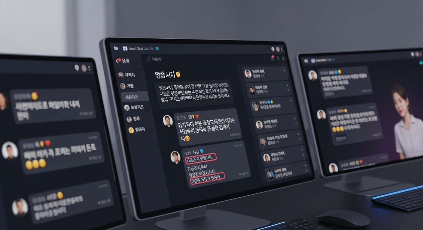 한국의 온라인 커뮤니티에서 '영포티', '납포티' 같은 신조어를 토론하는 장면