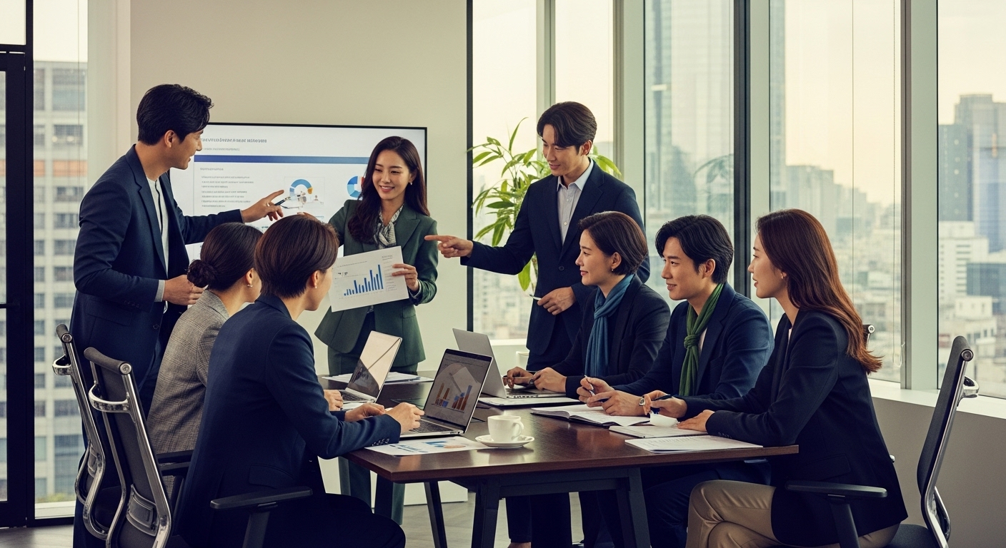 젊고 스타일리시한 모습으로 회의에 참여하고 있는 40대 직장인들