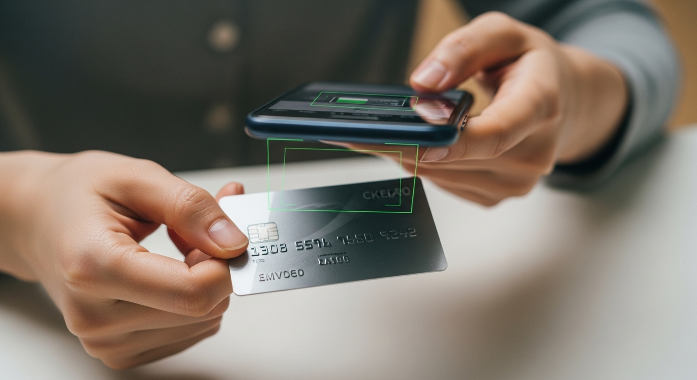 스마트폰 카메라로 신용카드를 촬영하여 등록하는 한국인의 손 클로즈업
