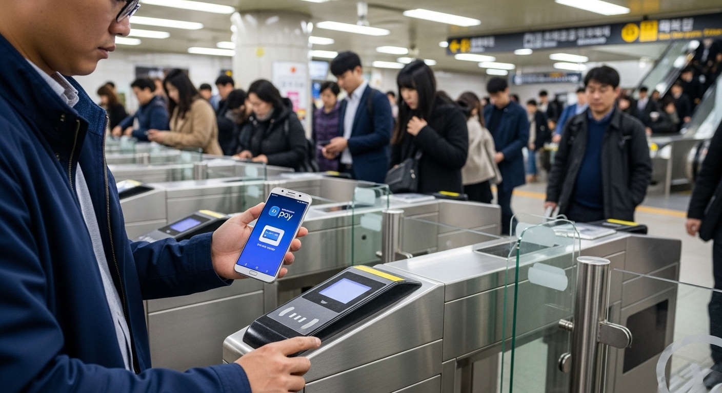바쁜 아침 출근 시간에 지하철 개찰구에서 삼성페이를 사용하는 한국인 통근자