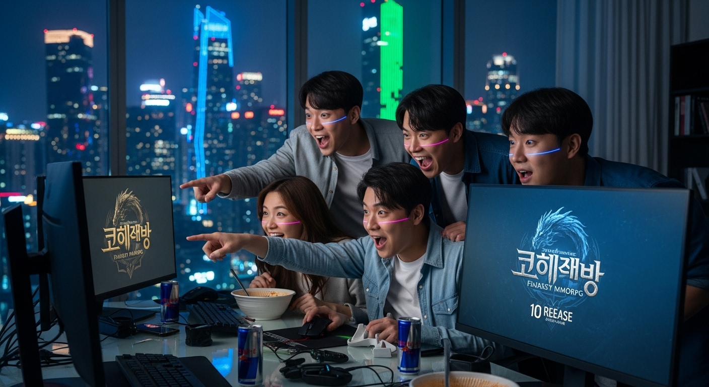신작 MMORPG 출시에 대한 기대감에 찬 게이머들 모습과 화려한 도시 야경