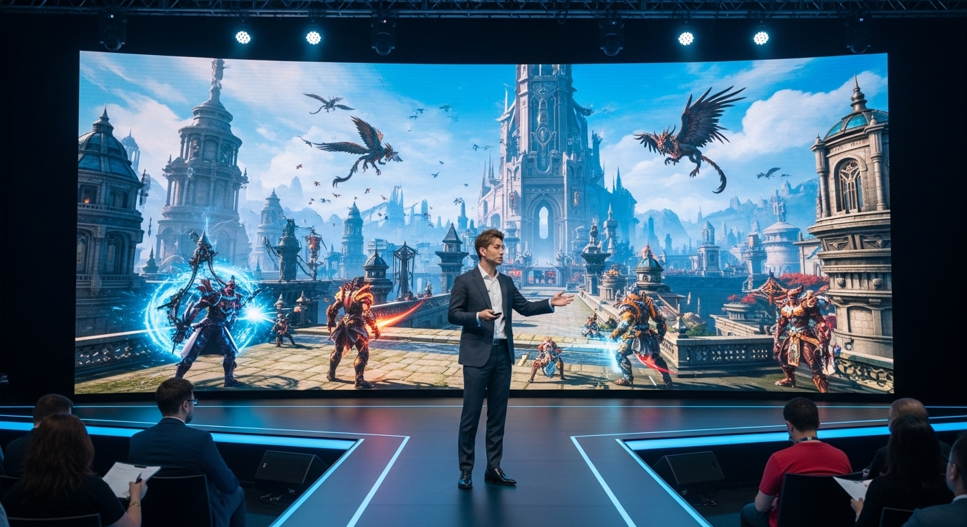 글로벌 확장을 위한 MMORPG 업데이트 발표 중인 한국 게임 프로듀서 모습