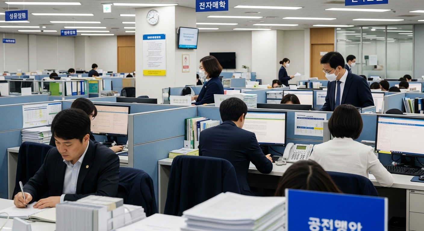 한국인들이 서류작업과 신청에 몰두하는 분주한 정부 사무실
