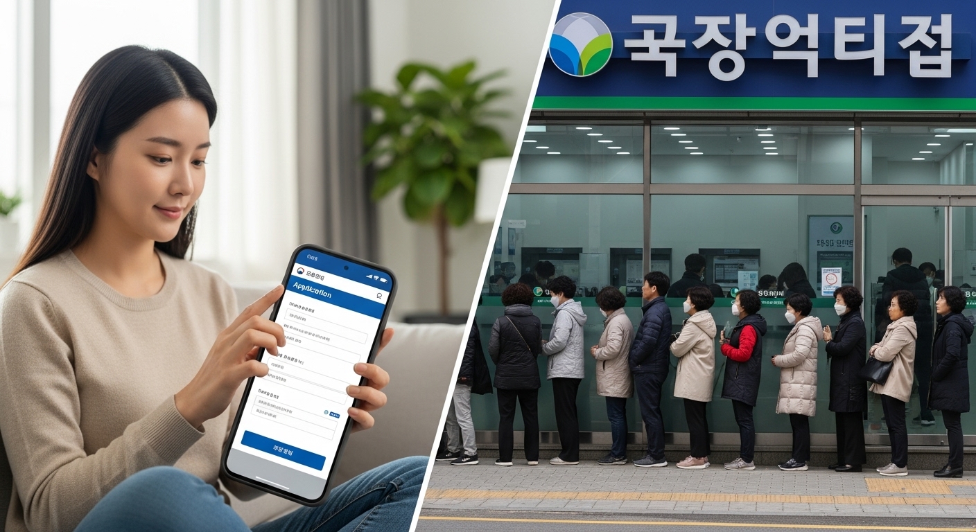 젊은 여성이 집에서 스마트폰으로 혜택을 신청하는 모습과 은행 지점에서 줄을 서 있는 사람들
