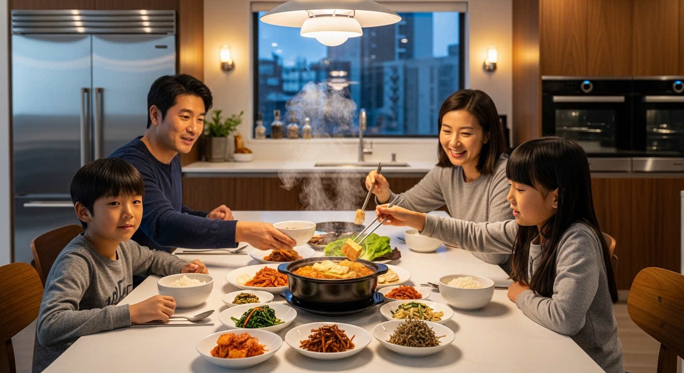 현대적인 주방에서 김치찌개를 중심으로 식사하는 가족의 모습