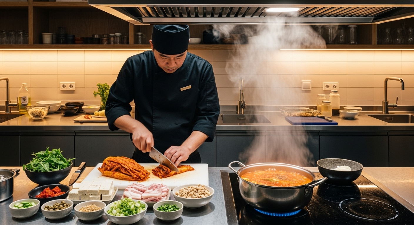 묵은 김치를 사용하여 빠르게 김치찌개를 준비하는 셰프의 모습