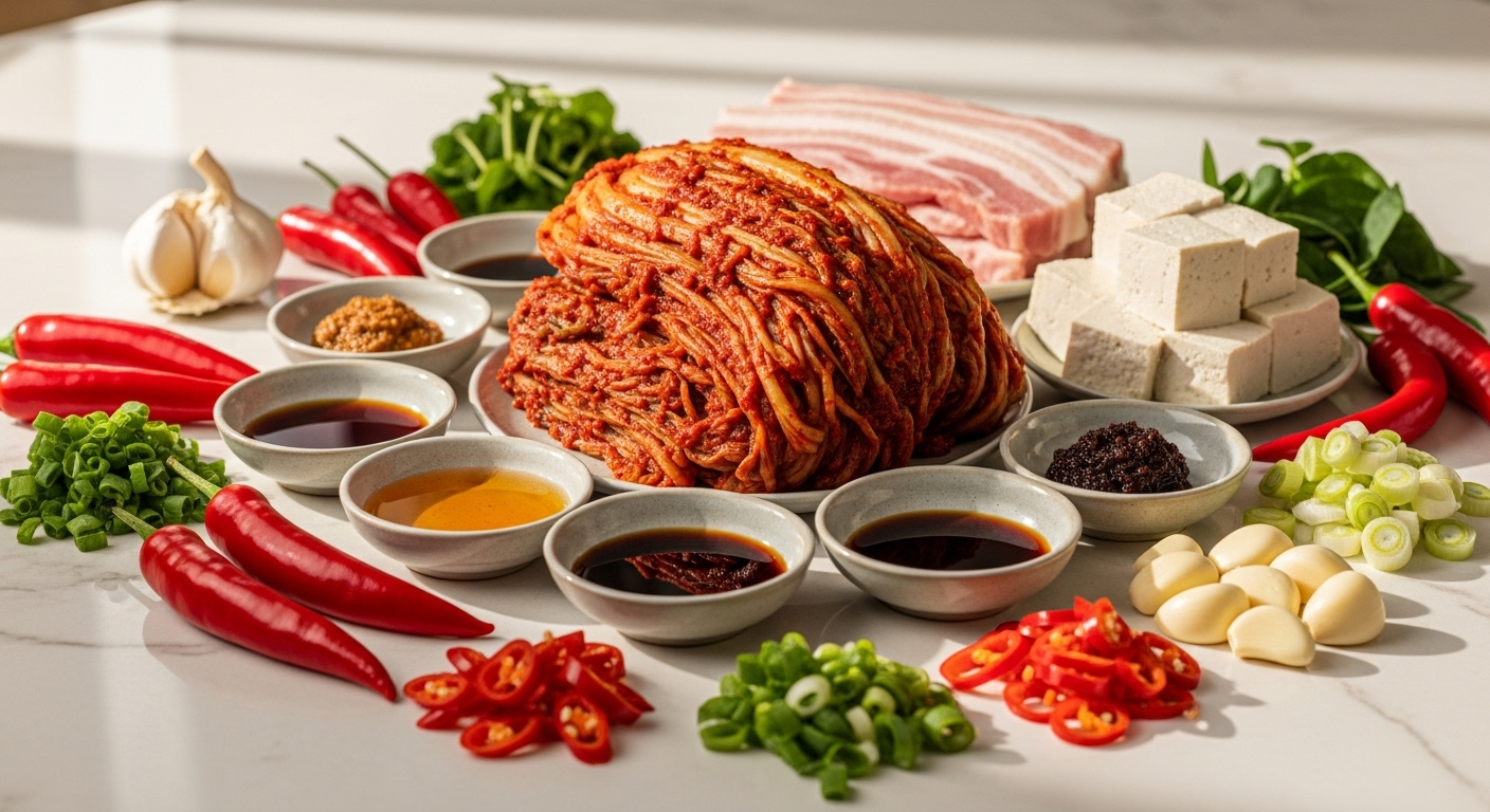 현대식 주방 카운터에 놓인 다양한 신선한 김치찌개 재료들
