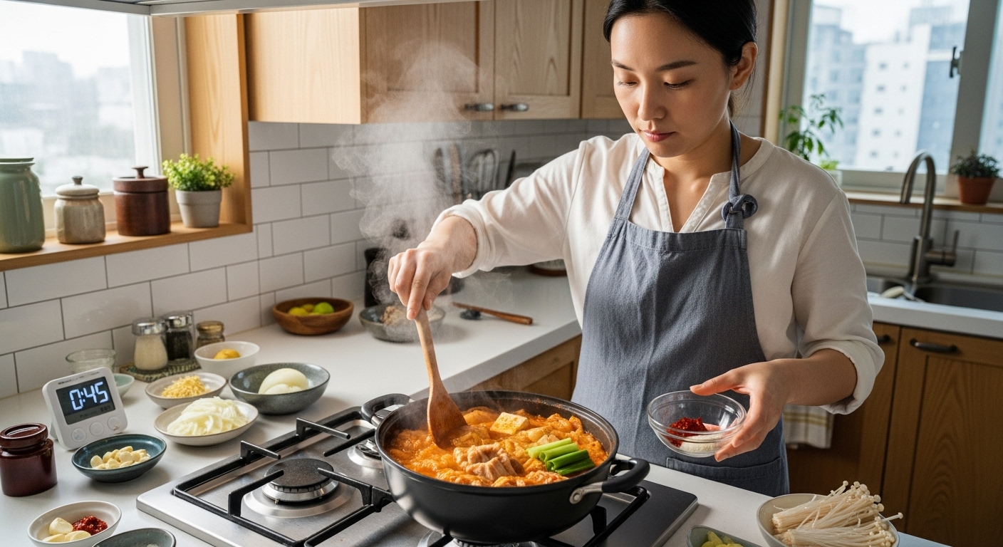 바쁜 현대인이 스토브 위에서 효율적으로 김치찌개를 만드는 장면