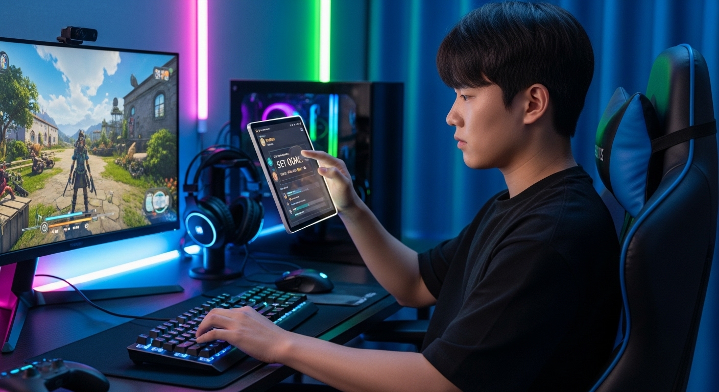 디지털 태블릿으로 목표를 설정하는 젊은 게이머의 모습
