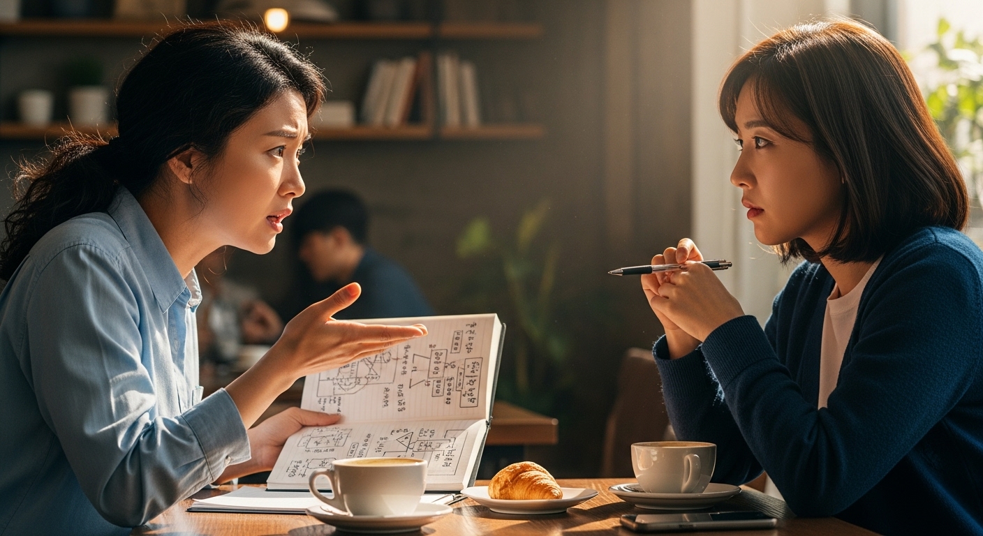카페에서 진지한 표정으로 대화를 나누며 계획을 세우는 두 여성