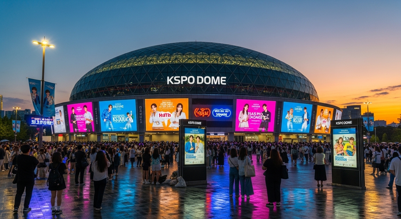 서울 KSPO 돔 외관과 사람들이 모이는 모습