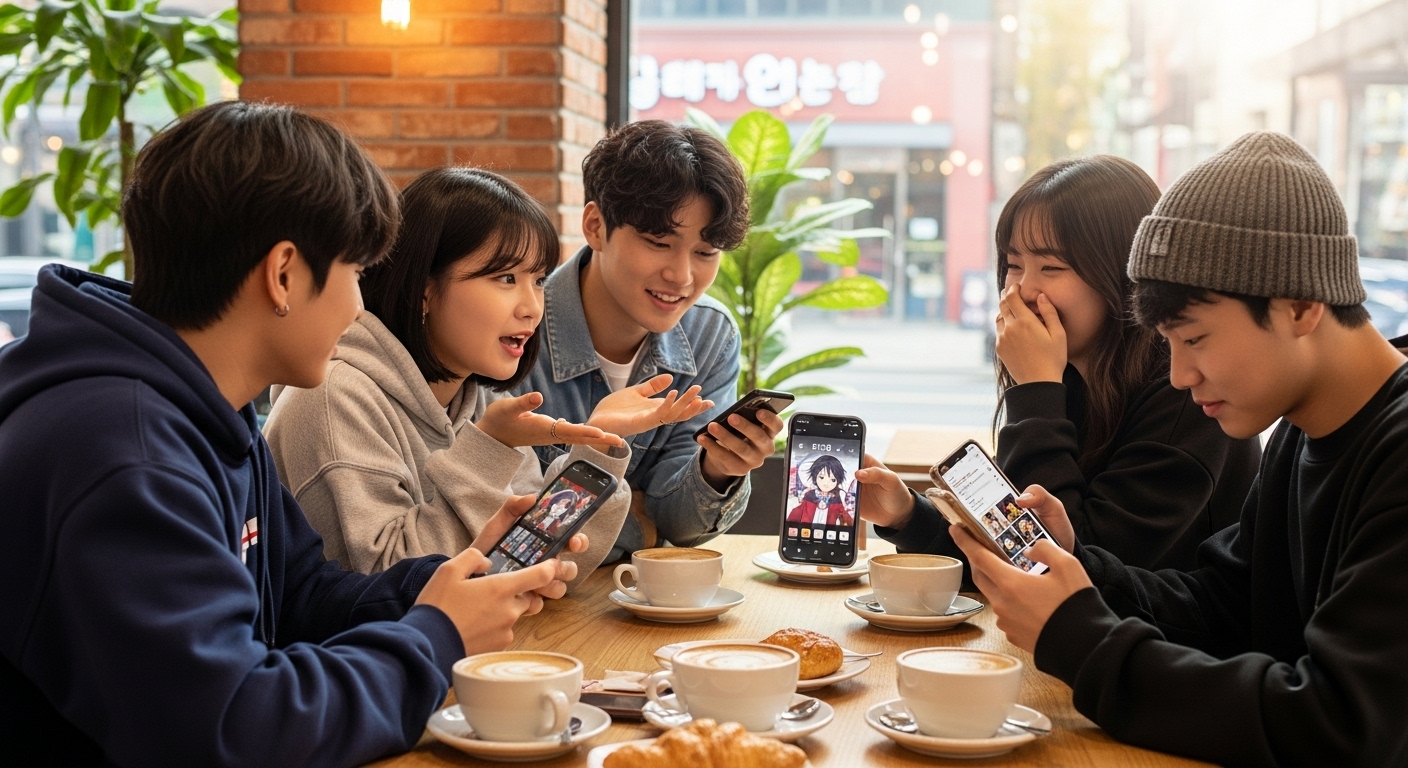 카페에서 애니메이션 주제가에 대해 이야기하는 한국의 젊은이들