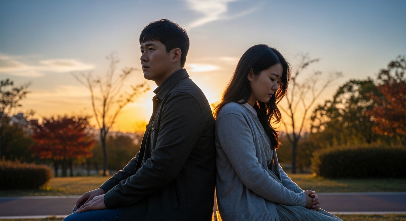 공원 벤치에 앉아 서로 다른 방향을 바라보며 상반된 감정을 느끼는 연인