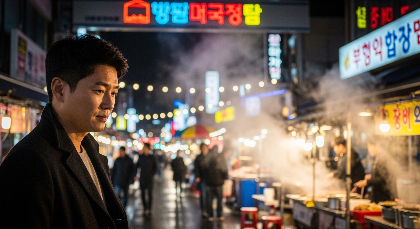 서울 야시장 가장자리에서 삶의 모호함을 생각하는 남성